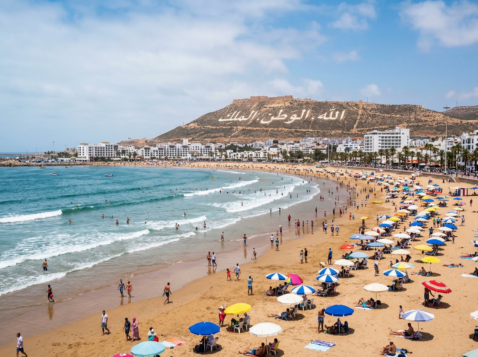 Agadir beach panoramic view with golden sand and blue Atlantic ocean