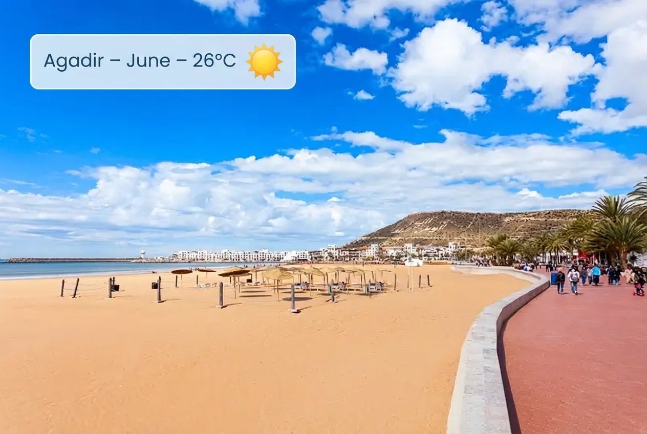 Agadir in June with clear blue sky and calm Atlantic Ocean